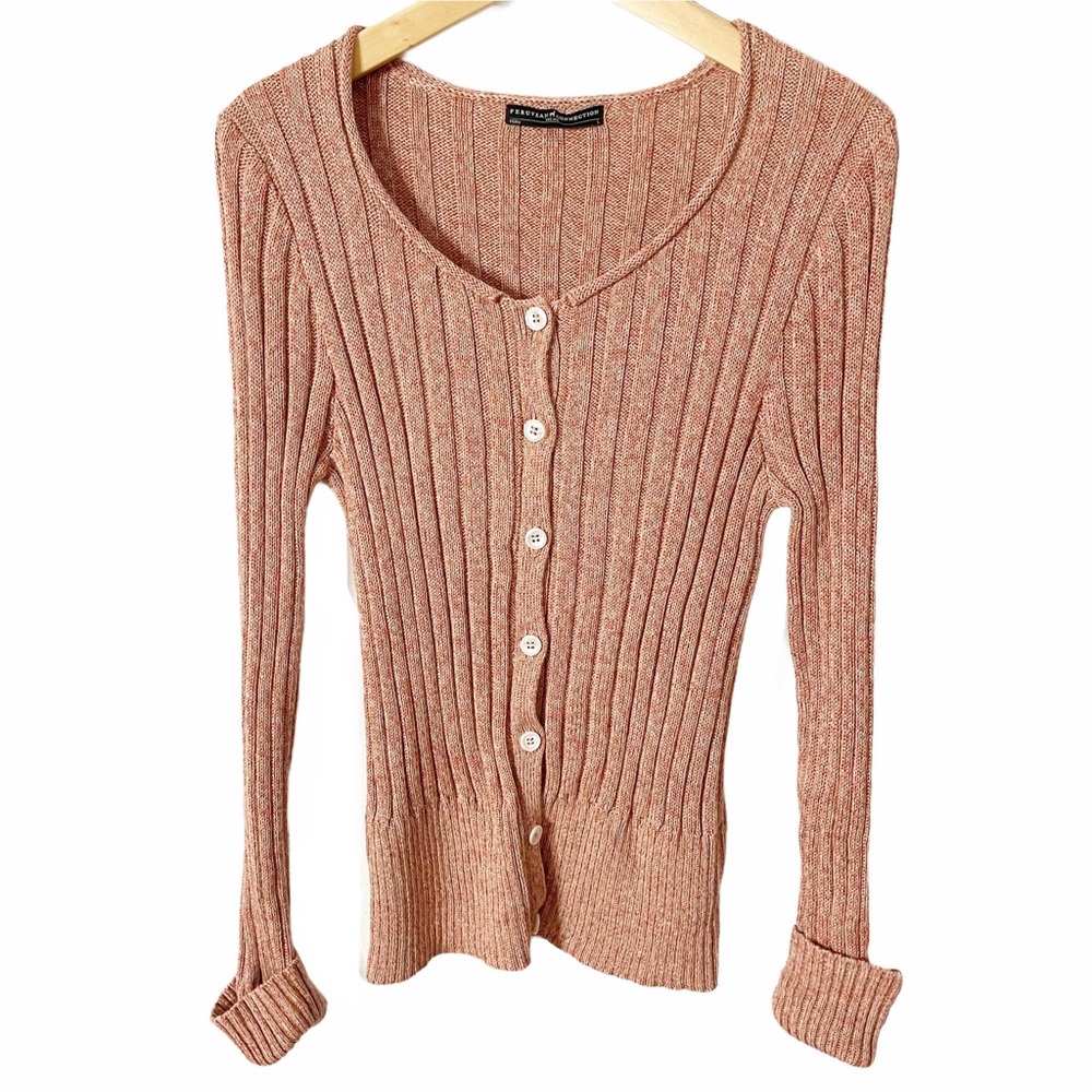 Peruvian Connection Ribbed Pima Cotton Cardigan Sweater Size Large